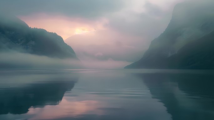 湖面早晨雾气 日出浓雾 山水风 水墨风