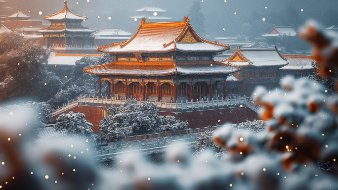 故宫中国风建筑冬天下雪唯美雪景