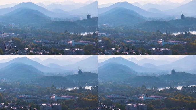 西湖雷峰塔景区大自然风光群山航拍杭州风景