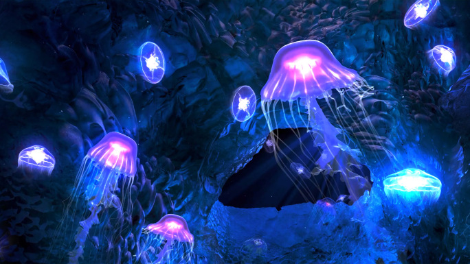6K荧光水母山洞海底神秘素材