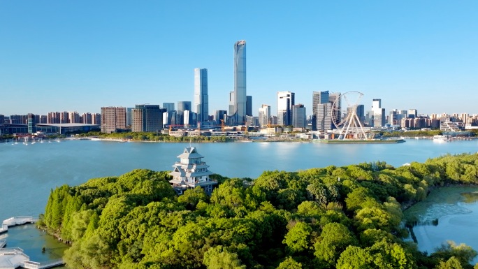 航拍苏州园区金鸡湖文化艺术中心