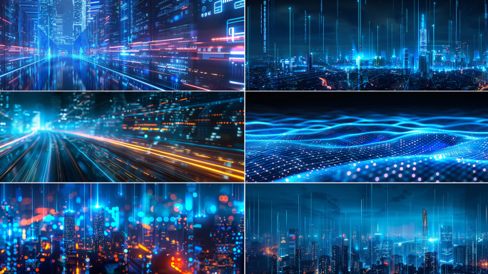 蓝色超宽屏科技粒子穿梭城市LED背景