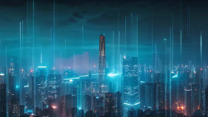 蓝色超宽屏科技粒子穿梭城市LED背景
