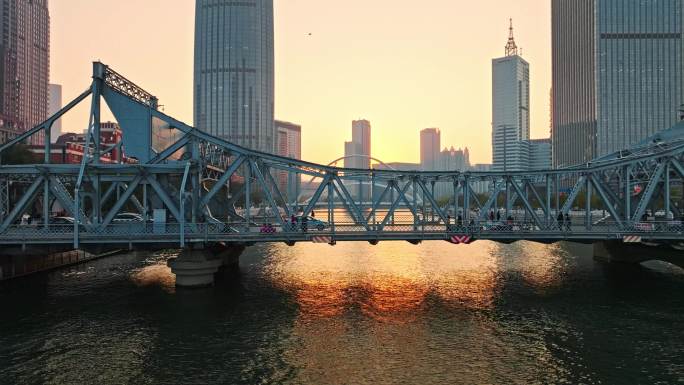 4K航拍天津解放桥宣传片海河世纪钟夜景