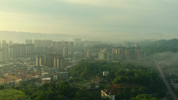 县城的早晨上空航拍