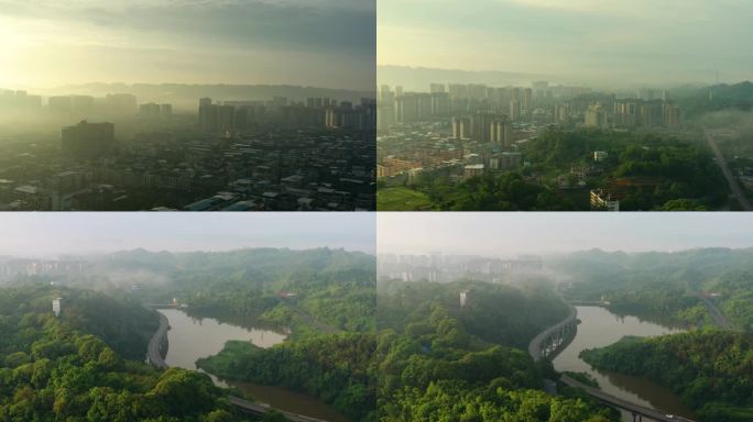 县城的早晨上空航拍