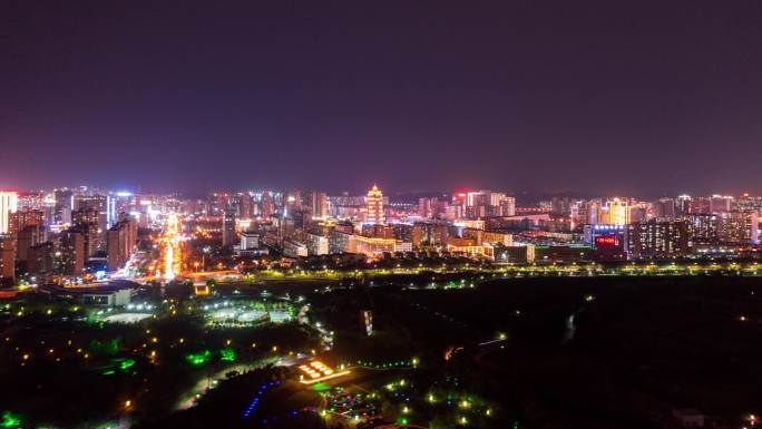 榆林市榆阳区高新区人民大厦夜景航拍延时