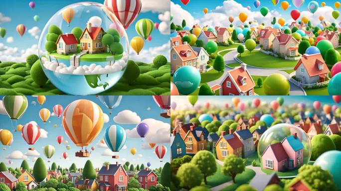 卡通动漫风格房屋气球热气球装饰