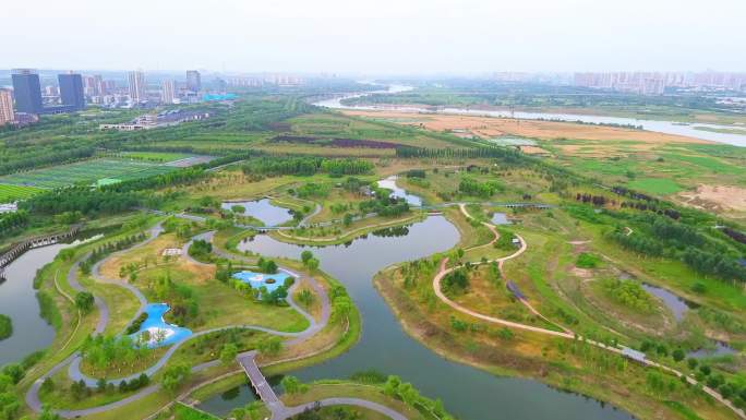 航拍陕西咸阳渭河秦汉湿地公园