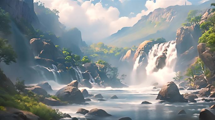宫崎骏动漫风格蓝天白云下的瀑布景观