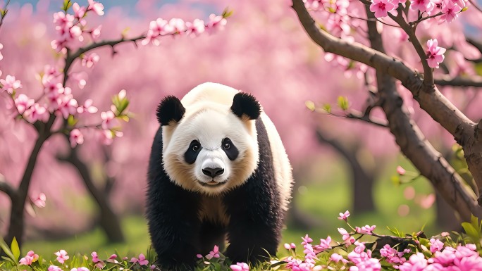 桃花林中的熊猫