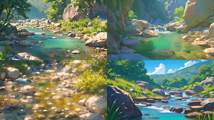 宫崎骏动漫风格夏日山间的小溪流水与石头
