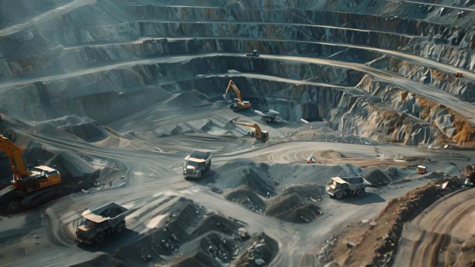矿山开采和生产，巨大矿井机械挖掘采矿
