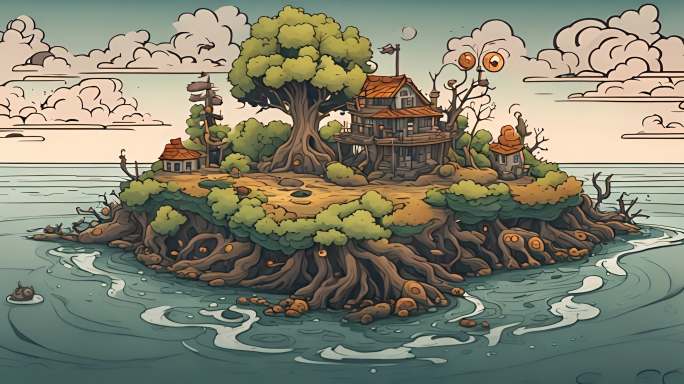 卡通动画岛屿上的房屋