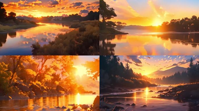 宫崎骏动漫风格晚霞映照下的金色水面与天空