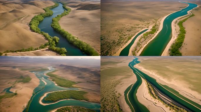 阳光下蜿蜒的河流穿过沙漠美景