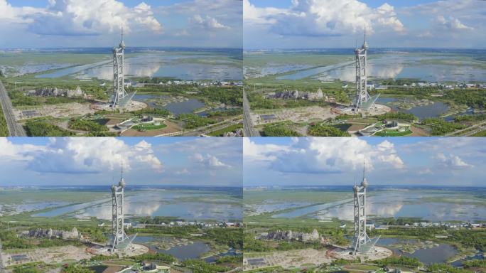 航拍大庆市龙凤湿地环境监测塔观光塔