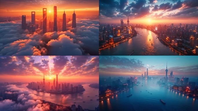 上海虚拟城市一线城市日出云海陆家嘴城市风
