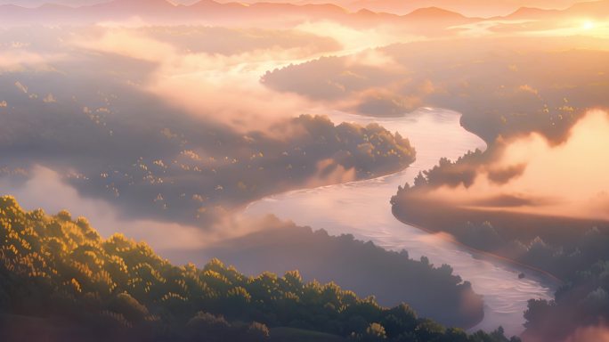宫崎骏动漫风格晨曦中的蜿蜒河流与天空延时
