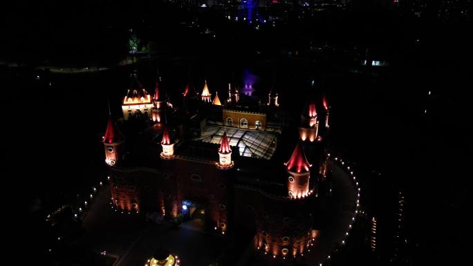 四川文化娱乐城玄珠湖公园城堡夜景航拍