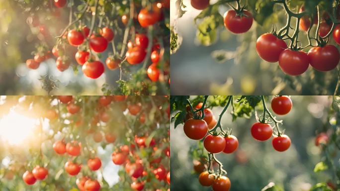 阳光下挂满枝头的红红的小番茄特写