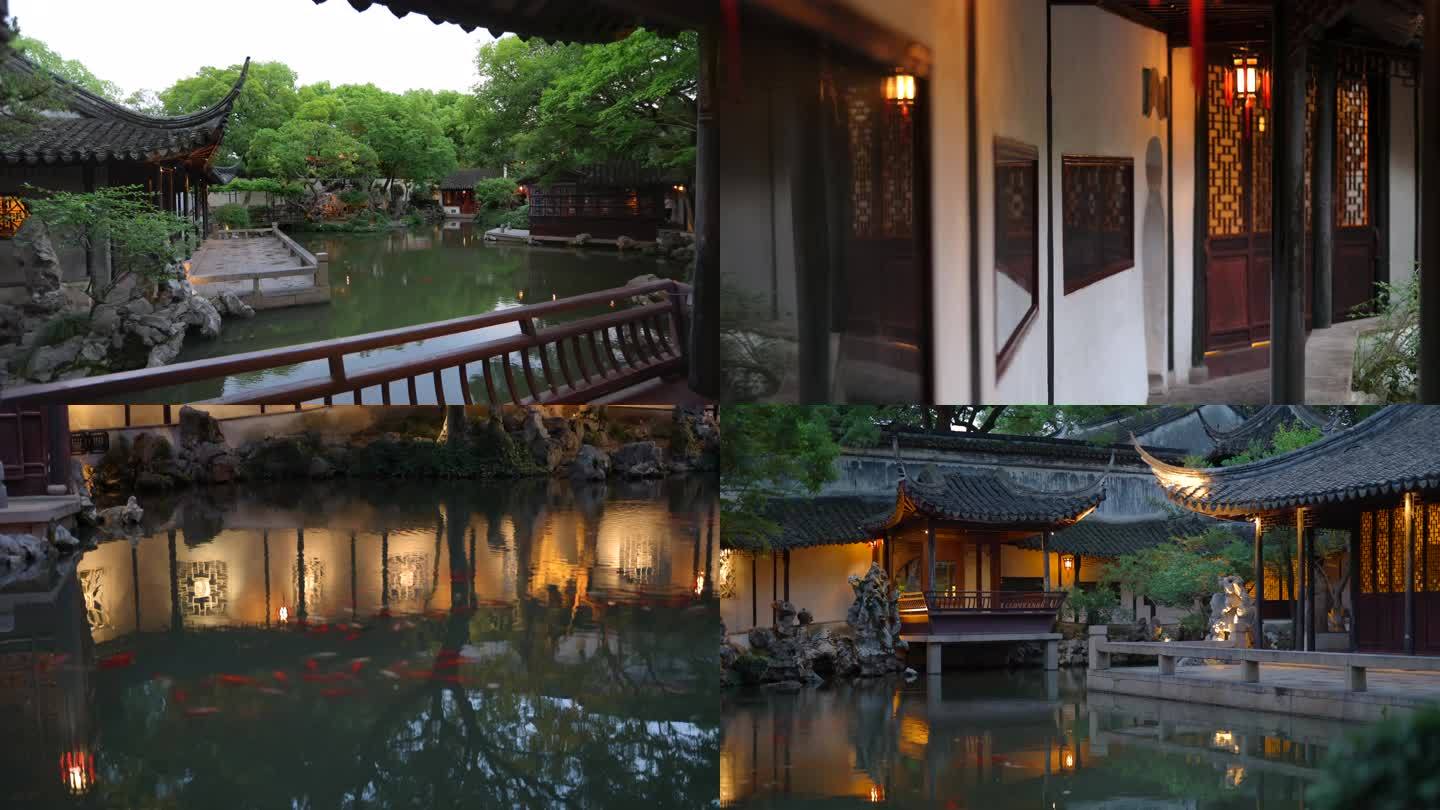 同里园林退思园傍晚灯光开灯