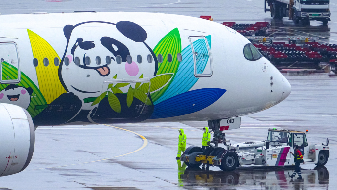 四川航空超可爱熊猫飞机 雨天霸气起飞