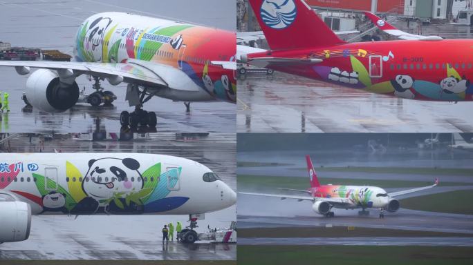 四川航空超可爱熊猫飞机 雨天霸气起飞
