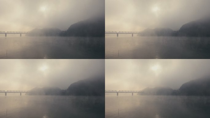 南方乡村清晨河面大雾04