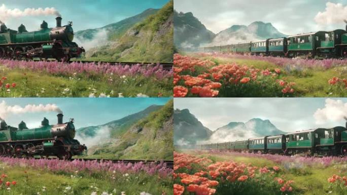 8K超宽屏风景火车唯美梦幻清新插画背景板