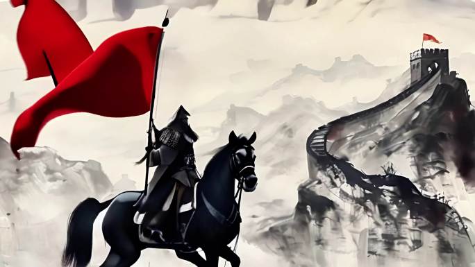 水墨古代战士扛红旗飘飘 +长城 红色主题
