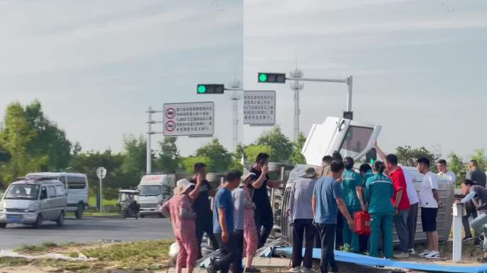 竖屏郑州急救交通事故面包车侧翻卡救援的人