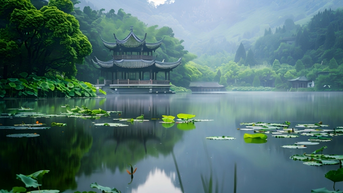 夏天美景 湖光山色 胡同楼阁 树叶