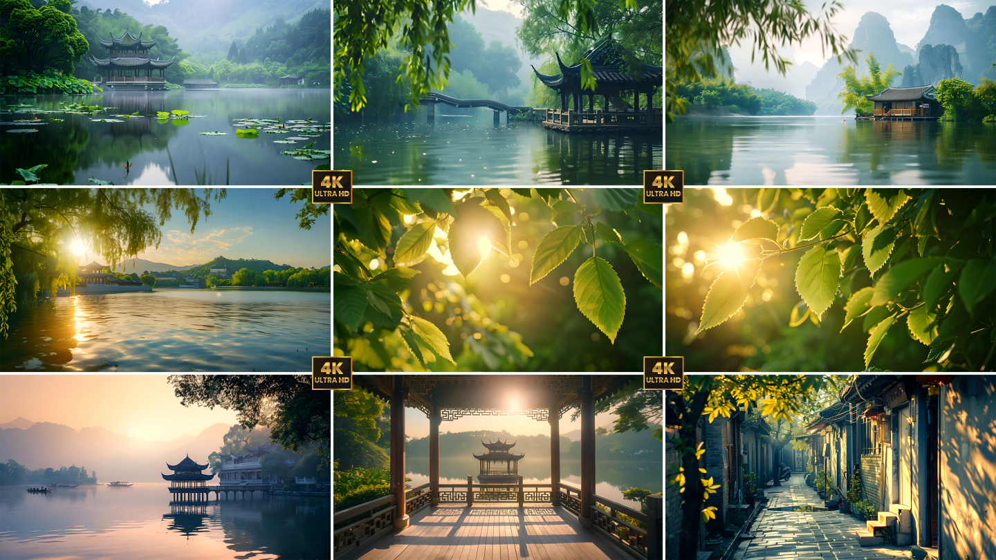 夏天美景 湖光山色 胡同楼阁 树叶