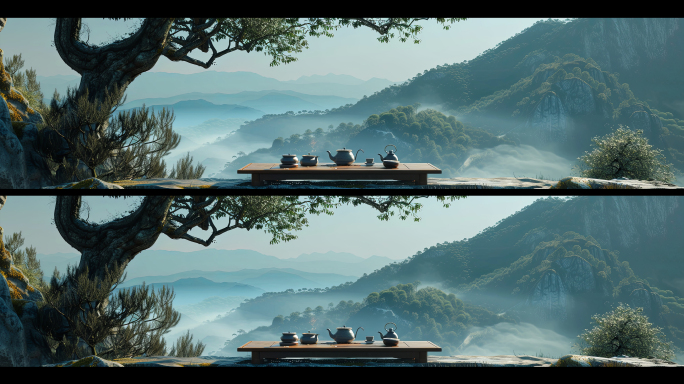 山顶树下茶具中国风意境宽屏4