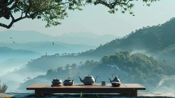 山顶树下茶具中国风意境宽屏4