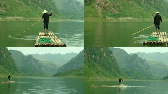 江上湖中水上竹筏渔民撒网捕鱼