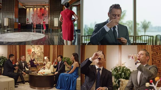 商务人士高端聚会喝香槟举杯喝茶