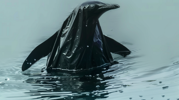 环境污染 黑色塑料袋+ 海豚 企鹅