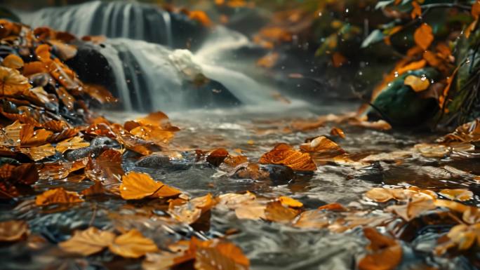 秋天枫叶银杏叶小溪溪水光晕阳光透过树叶