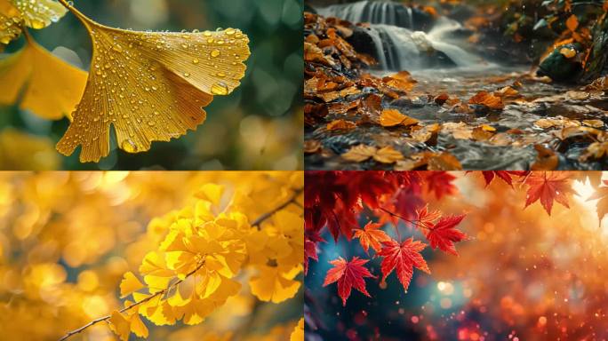 秋天枫叶银杏叶小溪溪水光晕阳光透过树叶