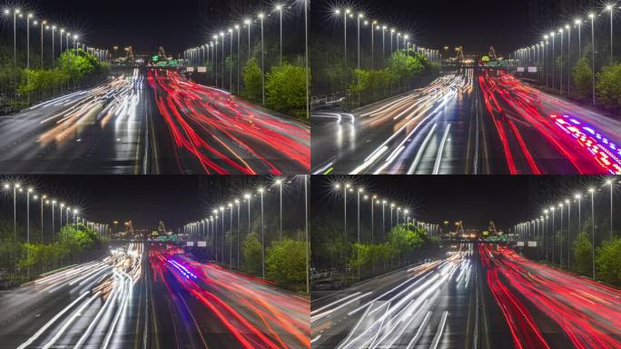 城市夜间车流高速行驶延时拍摄夜晚灯火通明