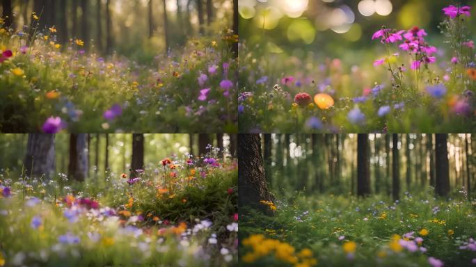 森林里盛开的五颜六色的野生小花