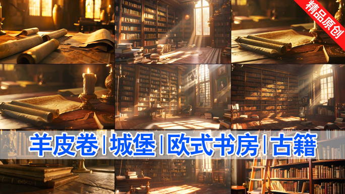 中世纪城堡书房羊皮卷轴