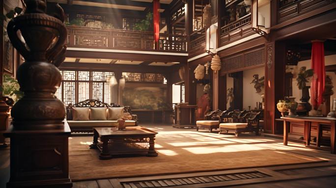 宫殿府邸，中国风传统房屋内景