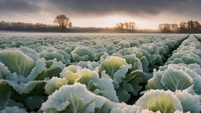 秋冬季清晨白菜田里的霜降特写