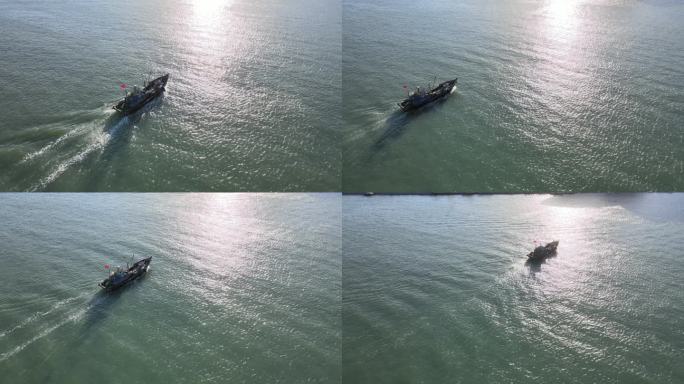 威海码头渔船行驶航拍