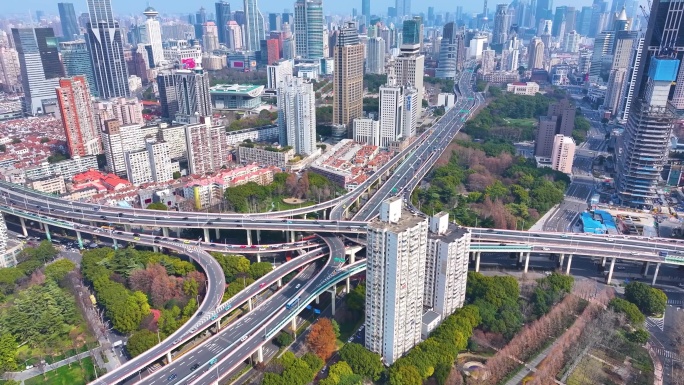 延安东路立交桥车流航拍延时上海城市交通高