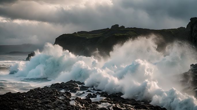 大浪冲击着冰岛的海岸岩石