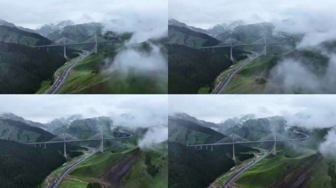 云雾下的新疆果子沟大桥航拍2